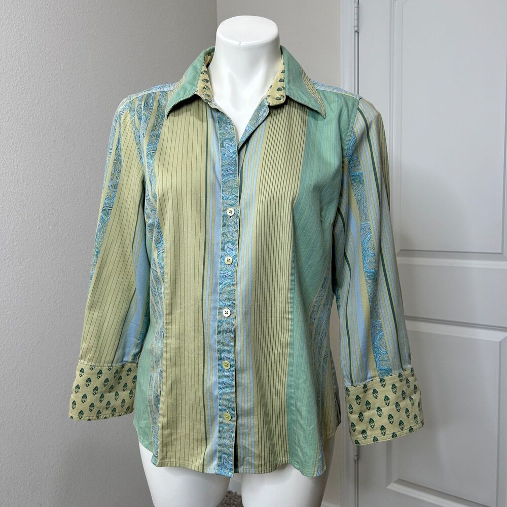 Ann Taylor Stripe Paisley Button Up Shirt Womens Size 14 Green Blue 3/4 Sleeve